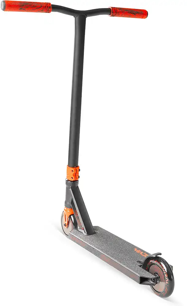 MGP Viral Rave scooter with vibrant red and black design, showcasing the deck, handlebars, and wheels from a rear angle.