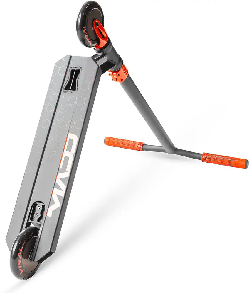MGP Viral Rave scooter in fiery orange with black accents, shown from an underside angle, showcasing its sleek design and deck details.