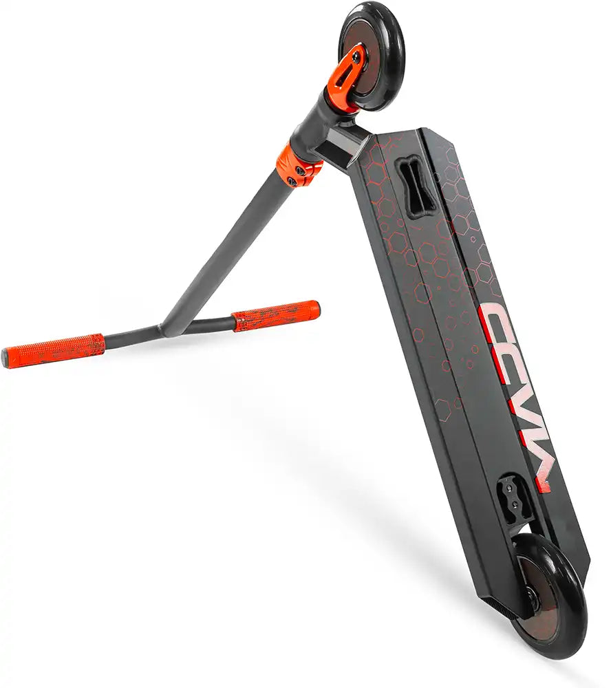MGP Viral Rave scooter from the underside angle, showcasing its vibrant design and sturdy build, ideal for freestyle riding.
