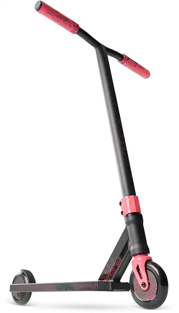 MGP Viral Rave scooter in vibrant melon color showing its low deck and handlebars, designed for freestyle riding and tricks.