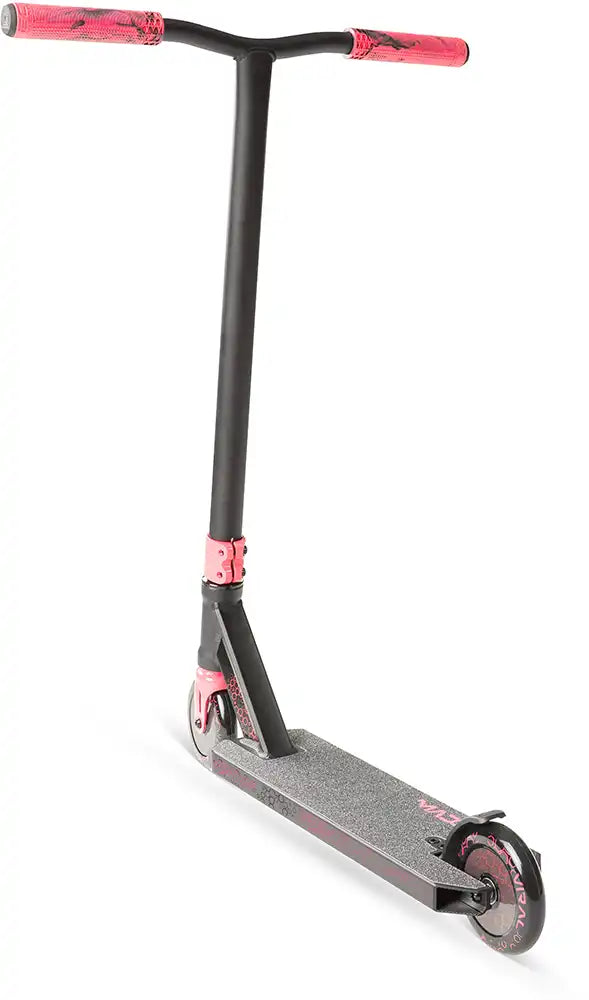 MGP Viral Rave Scooter with neon green deck and handlebars, rear angle showing wheel and deck design, designed for freestyle riding.