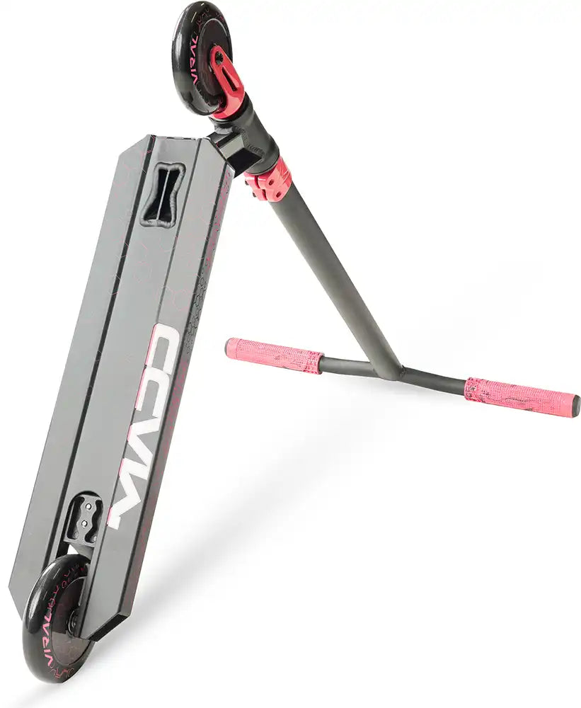 MGP Viral Rave scooter with a melon-colored deck, visible from an underside angle, showcasing the deck design and scooter structure.