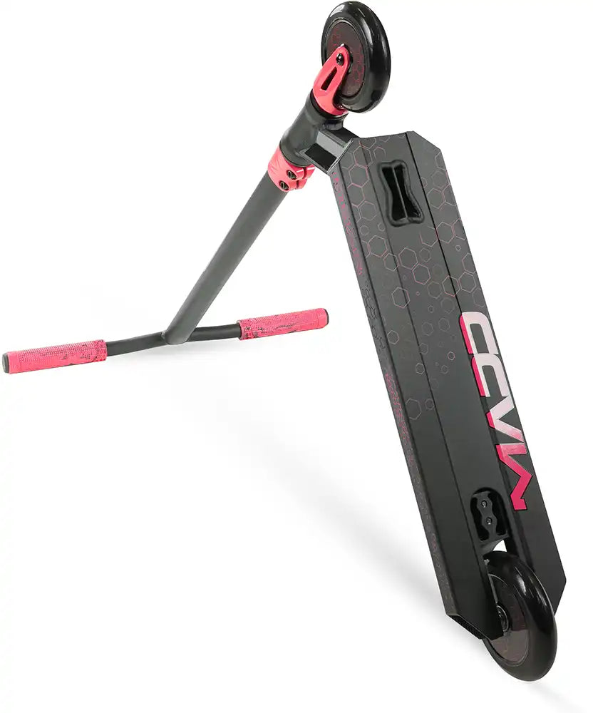 MGP Viral Rave scooter with a green and black design, viewed from the underside showing deck and wheels.
