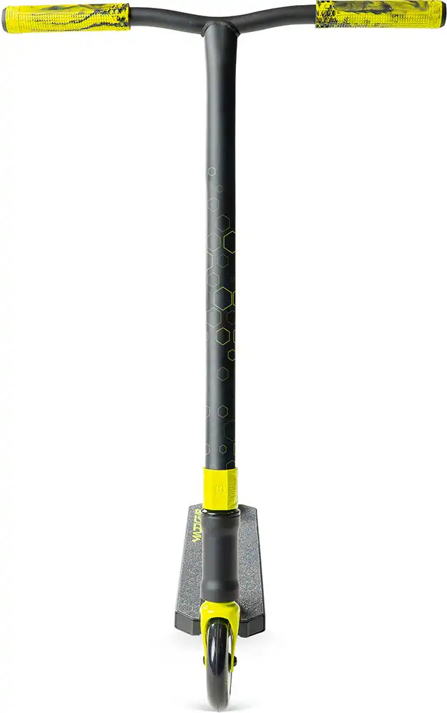 MGP Viral Rave neon scooter showing the vibrant front view with colorful deck and handlebar grips, designed for tricks and riding.