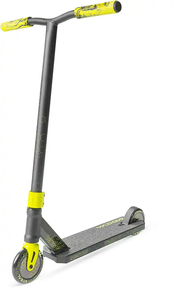 MGP Viral Rave neon scooter with sleek design, handlebars, deck, and wheels, ideal for stunt riding and urban commuting.