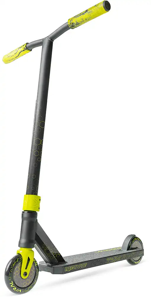 MGP Viral Rave neon scooter with sleek black deck and vibrant neon green accents, perfect for freestyle riding.