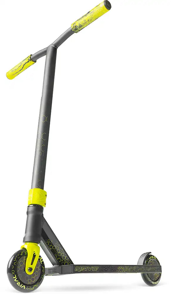 MGP Viral Rave scooter with neon-colored deck and handlebars, designed for freestyle riding and stunts.