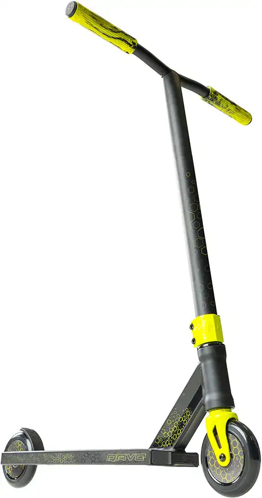 MGP Viral Rave Neon Scooter with low deck and vibrant neon design, shown from the right side, suitable for stunt riding and tricks.