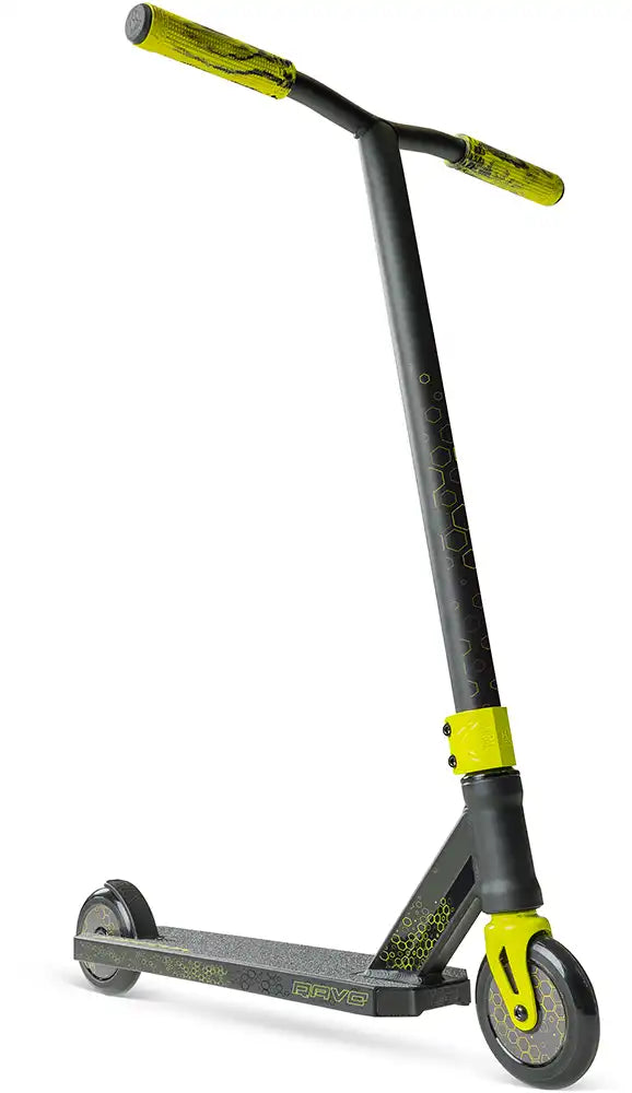 MGP Viral Rave neon scooter with sleek black deck and colorful handlebar grips, designed for riding and tricks.