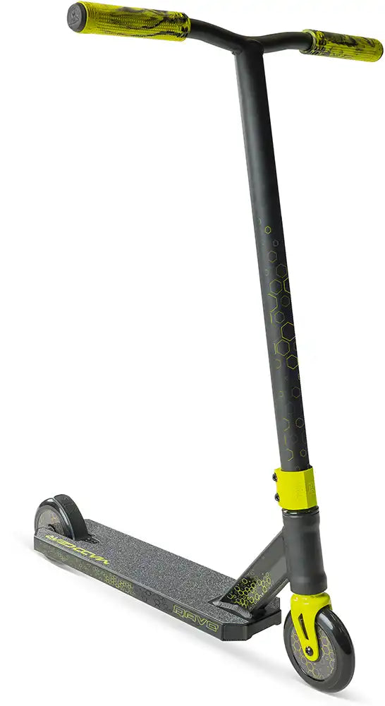 MGP Viral Rave scooter with neon accents, featuring a sleek design and sturdy build for stunt riding and commuting.