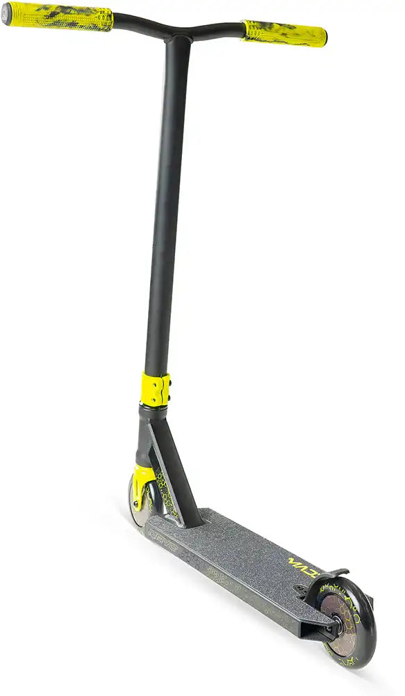 MGP Viral Rave neon scooter viewed from the rear angle, showcasing its vibrant color and compact design for stunt riding.