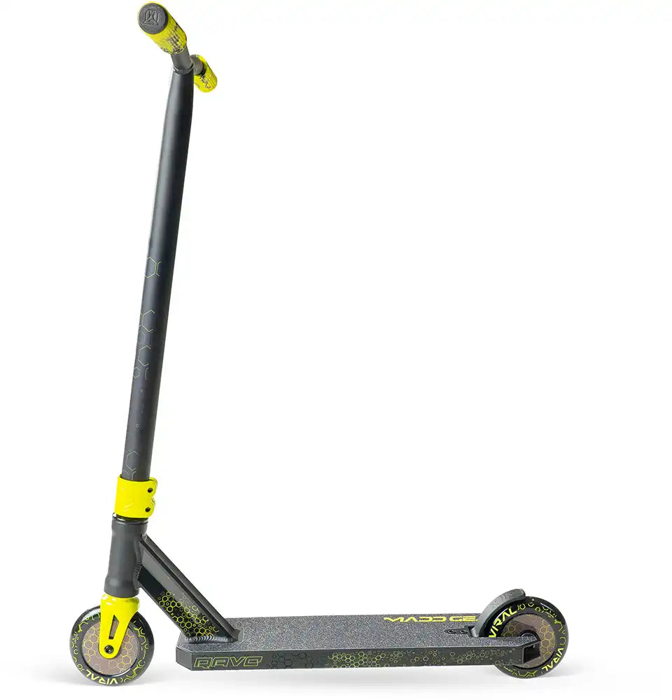 MGP Viral Rave scooter with neon-colored deck and handlebars, designed for stunt riding and freestyle tricks.