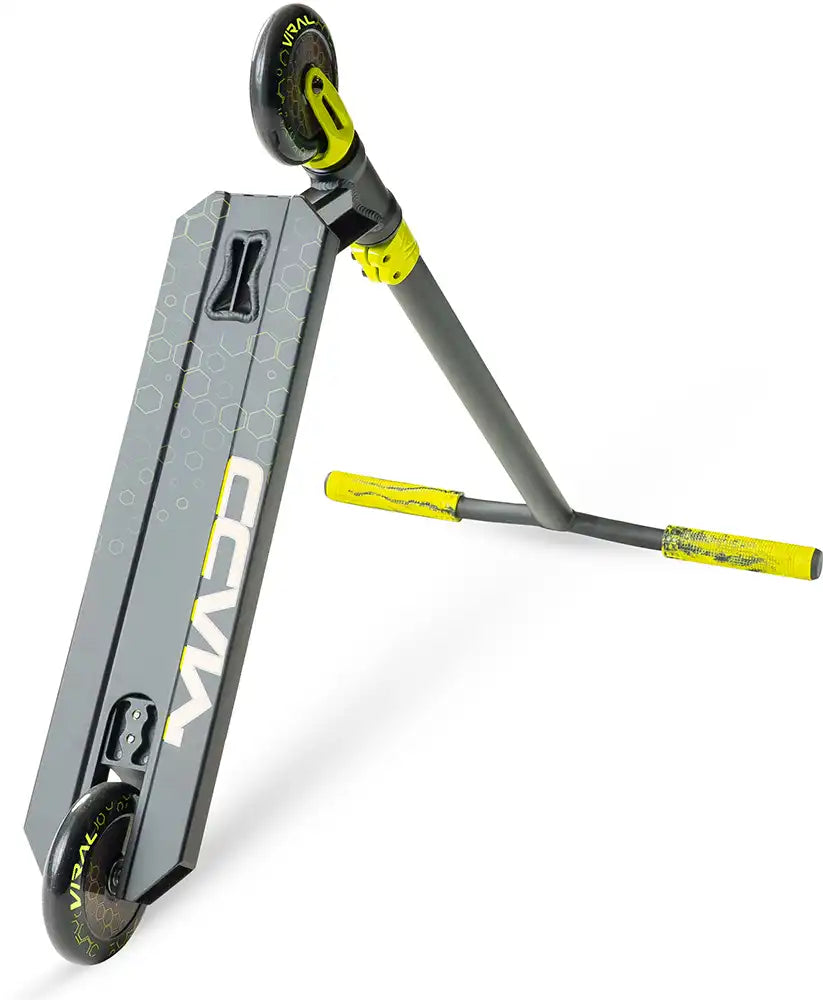 MGP Viral Rave scooter with neon accents, shown from underside angle, featuring deck and wheel details in a sleek design.