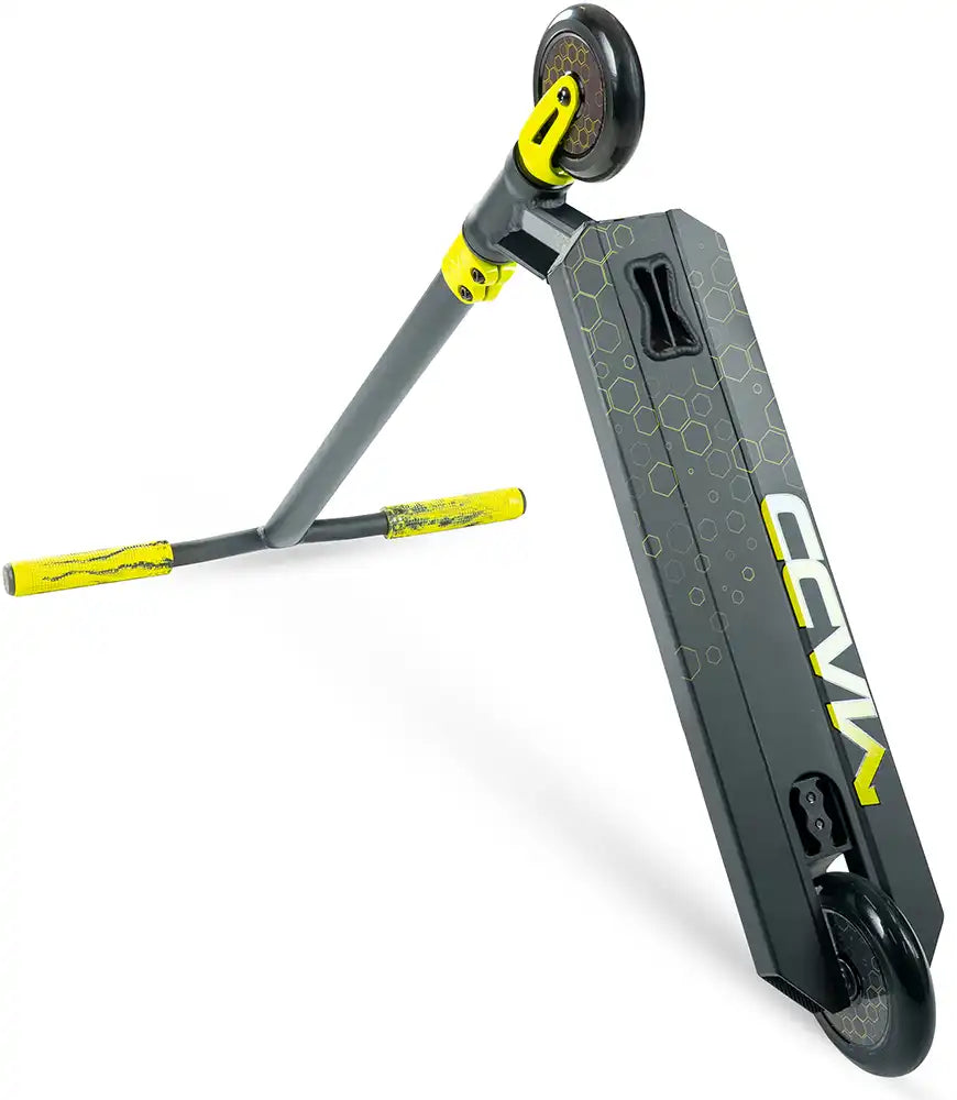 MGP Viral Rave scooter with neon accents, viewed from underside angle, showcasing deck and wheel details.