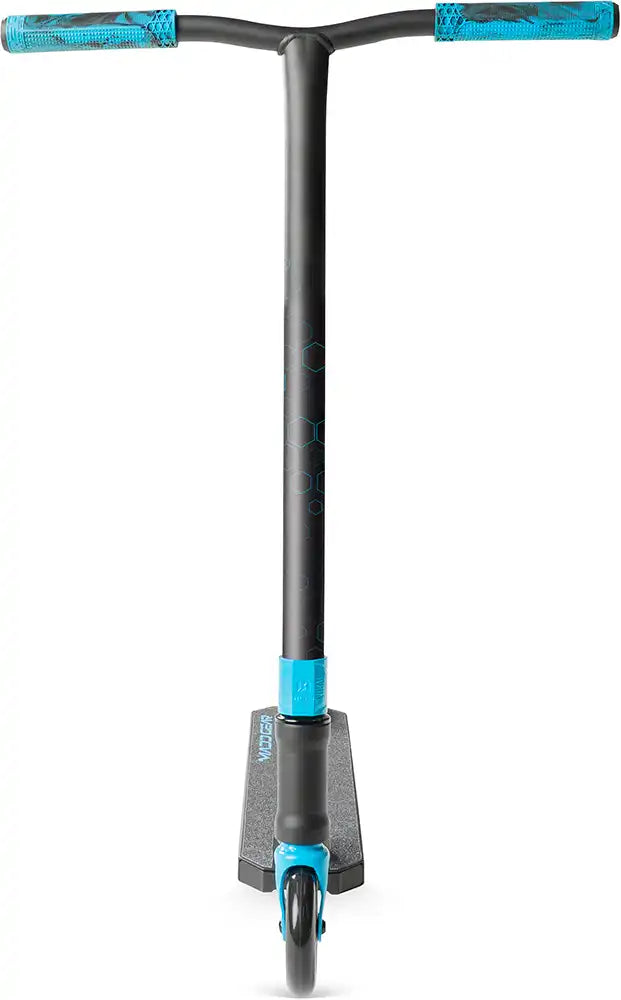 Front view of MGP Viral Rave scooter with colorful deck and handlebars, designed for freestyle riding and tricks.