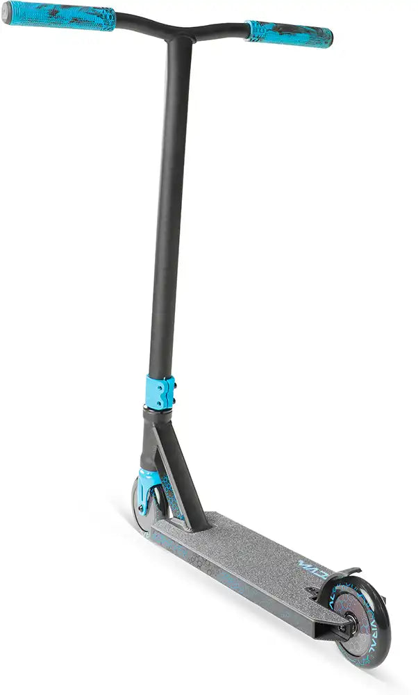 MGP Viral Rave scooter in vibrant colors, rear angle view showcasing deck, wheels, and handlebar design for freestyle riding.