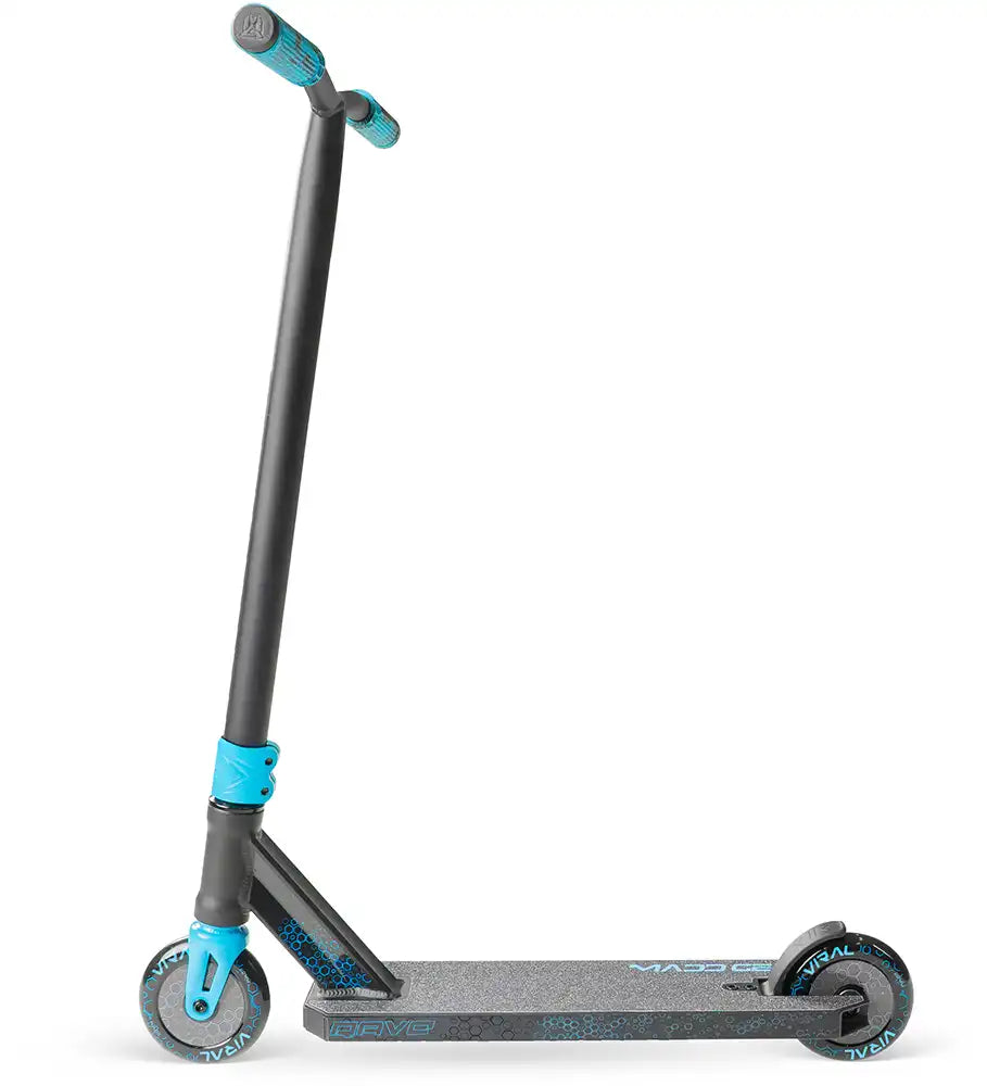 MGP Viral Rave scooter with vibrant design, featuring a sleek deck and colorful wheels, ideal for freestyle riding and tricks.