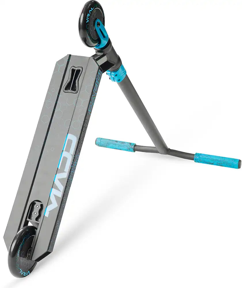MGP Viral Rave scooter with vibrant design, showing the underside and deck details in a dynamic angle.