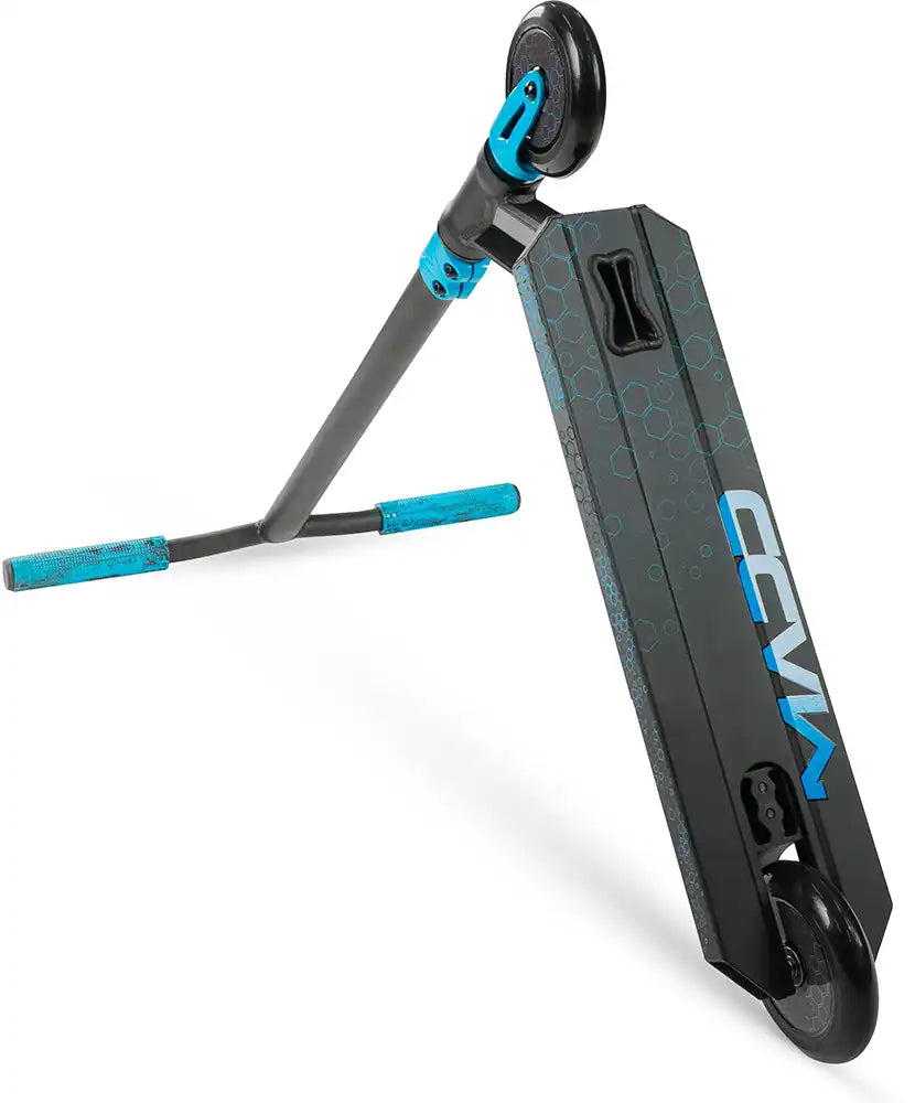 MGP Viral Rave scooter viewed from underside, showcasing the deck and wheels in a dynamic angle.