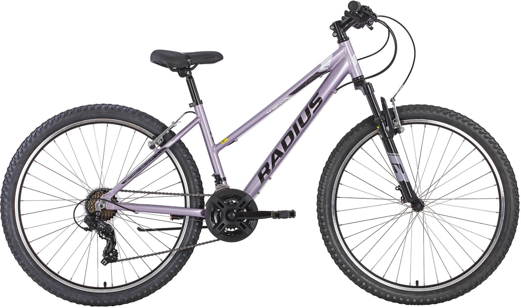 Black Radius Nova 20 hardtail mountain bike with sleek frame and knobby tires, suitable for trail riding and off-road adventures.