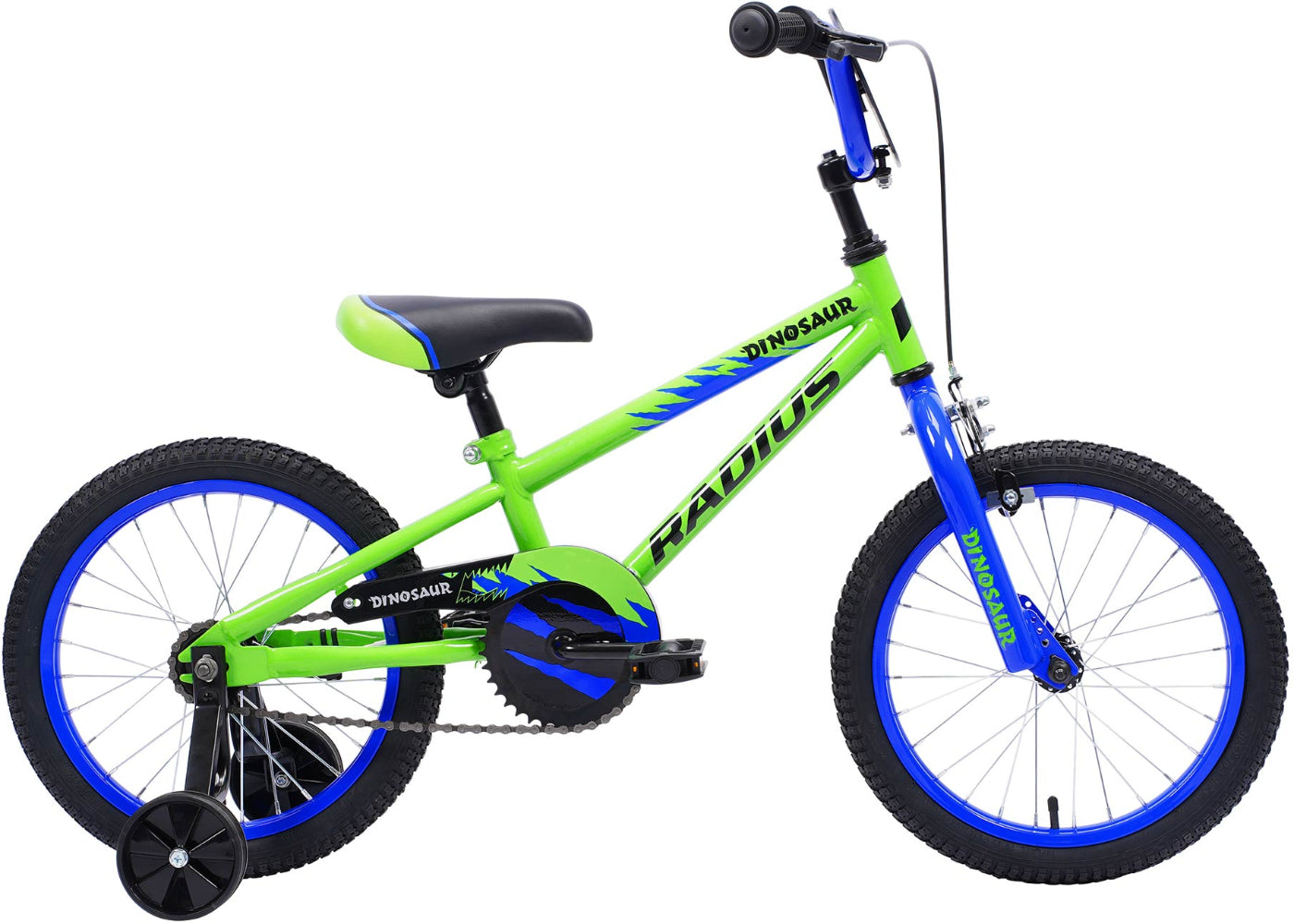 Kids' Radius 2025 Dinosaur 16-inch bike with colorful frame and training wheels, suitable for young children learning to ride.
