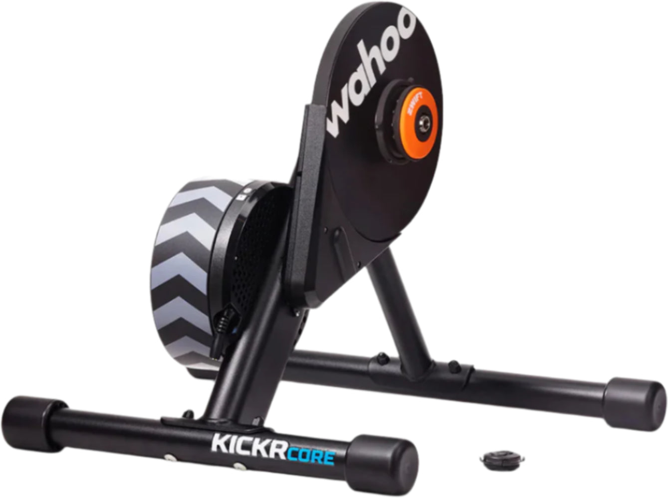 Wahoo KickR Core Zwift One smart trainer, a compact indoor cycling accessory with a sturdy frame and digital resistance control.