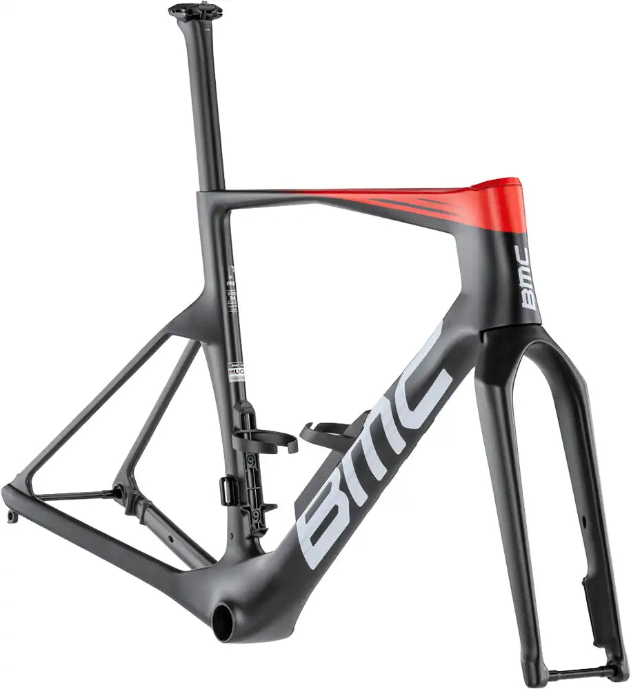 BMC Teammachine R 01 road bike frameset in sleek black with aerodynamic design and lightweight carbon construction.