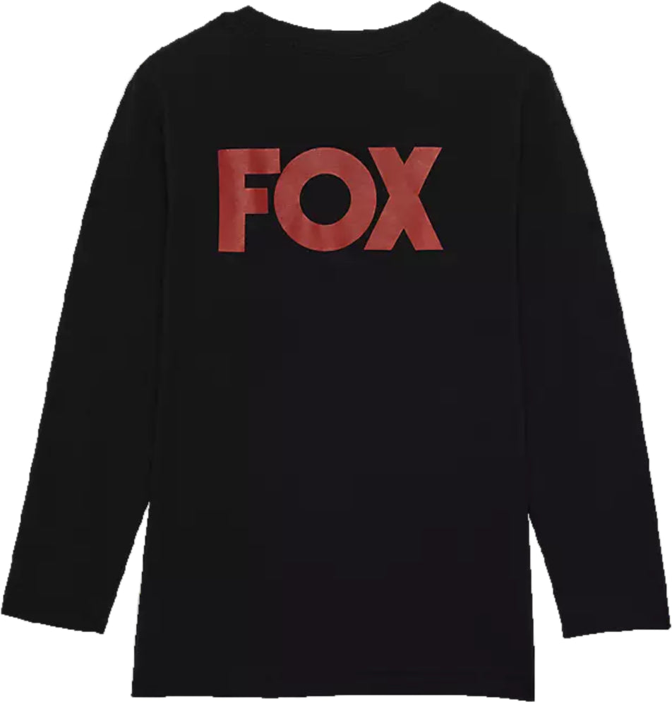 Fox Heritage LS Youth T-Shirt, long-sleeve casual clothing in black with Fox logo print, ideal for youth outdoor and everyday wear.