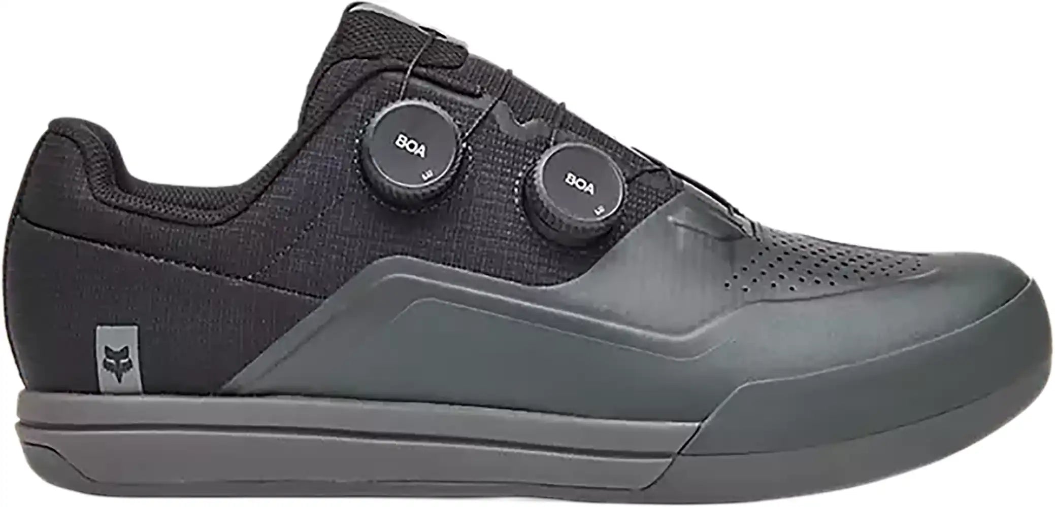 Fox Union BOA men's MTB shoes with black and gray design, featuring durable uppers and secure BOA dial closure.