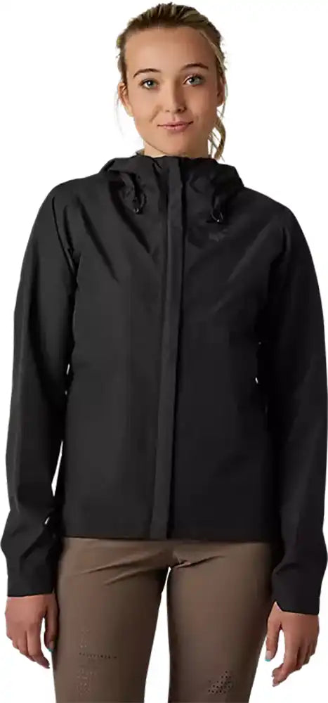Fox Ranger 2.5L women's waterproof jacket showing a lightweight, black outdoor clothing jacket with hood and zipper detailing.