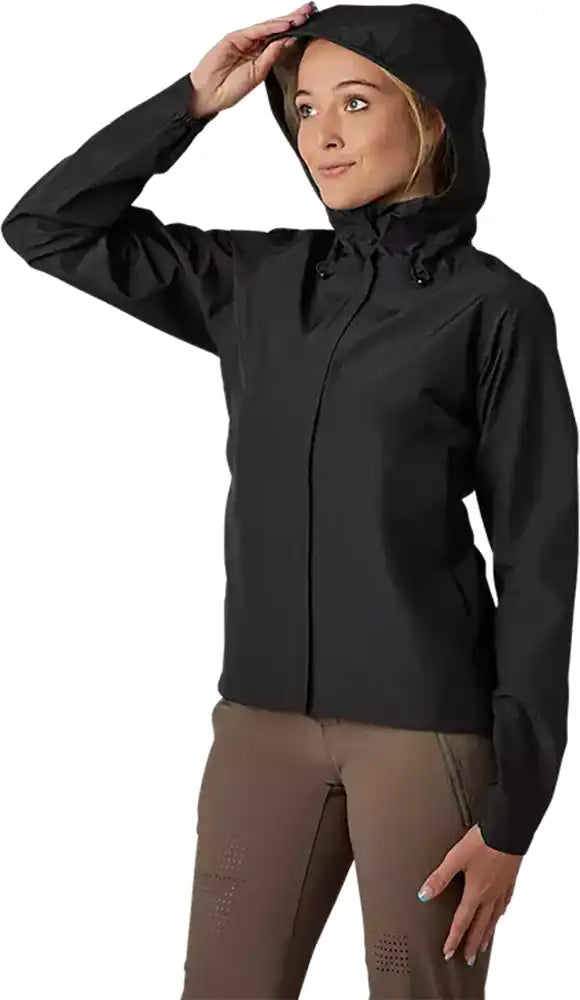 Fox Ranger 2.5L women's waterproof jacket, lightweight outdoor clothing with hood and zip features, in black.