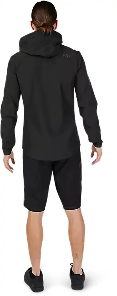 Fox Ranger 2.5L men's waterproof jacket showing its front view in black with hood and zippers, designed for outdoor activities.