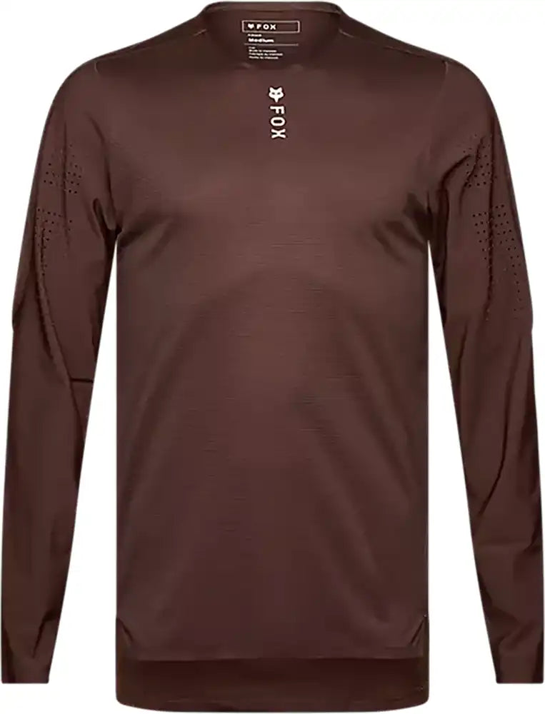 Men's Fox Flexair Pro LS MTB jersey in lightweight, breathable fabric with a fitted design and Fox logo on the chest.