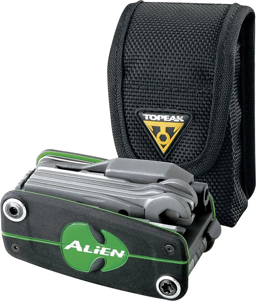 Topeak Alien III multi-tool accessory with various hex wrenches, screwdrivers, and chain tools for bike repair and maintenance.
