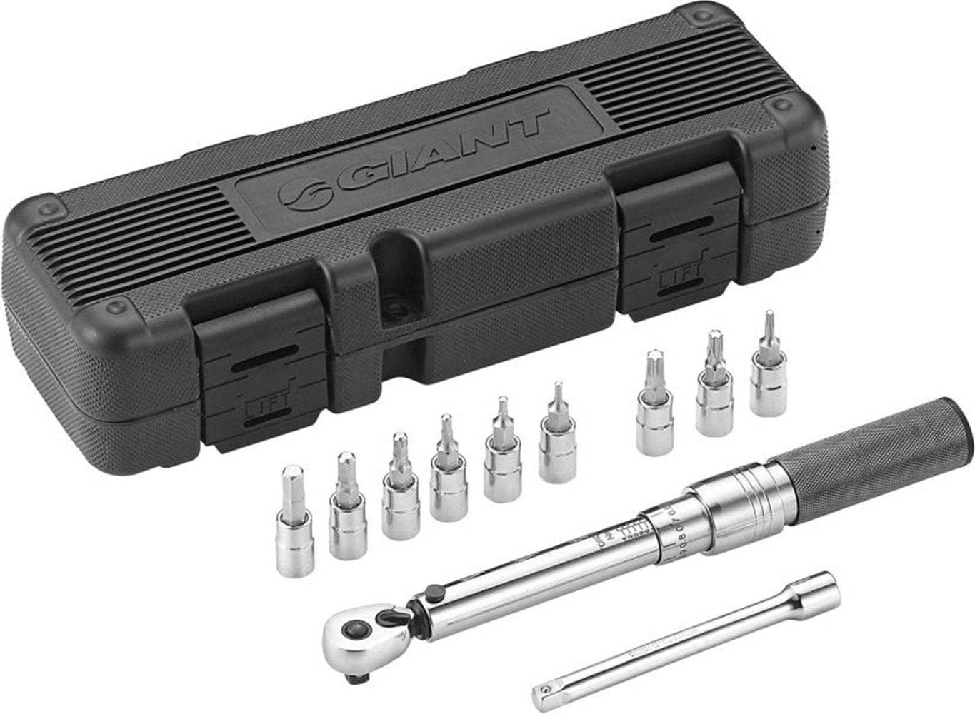 Giant Tool Shed torque wrench lying on a workbench, showcasing its adjustable handle and measurement scale.