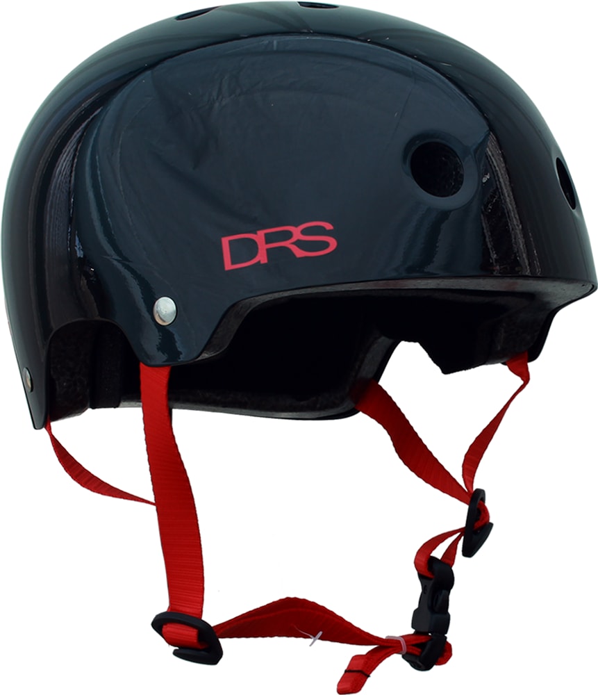 DRS BMX helmet with adjustable straps and ventilation, in black with white accents, designed for bike riding safety.