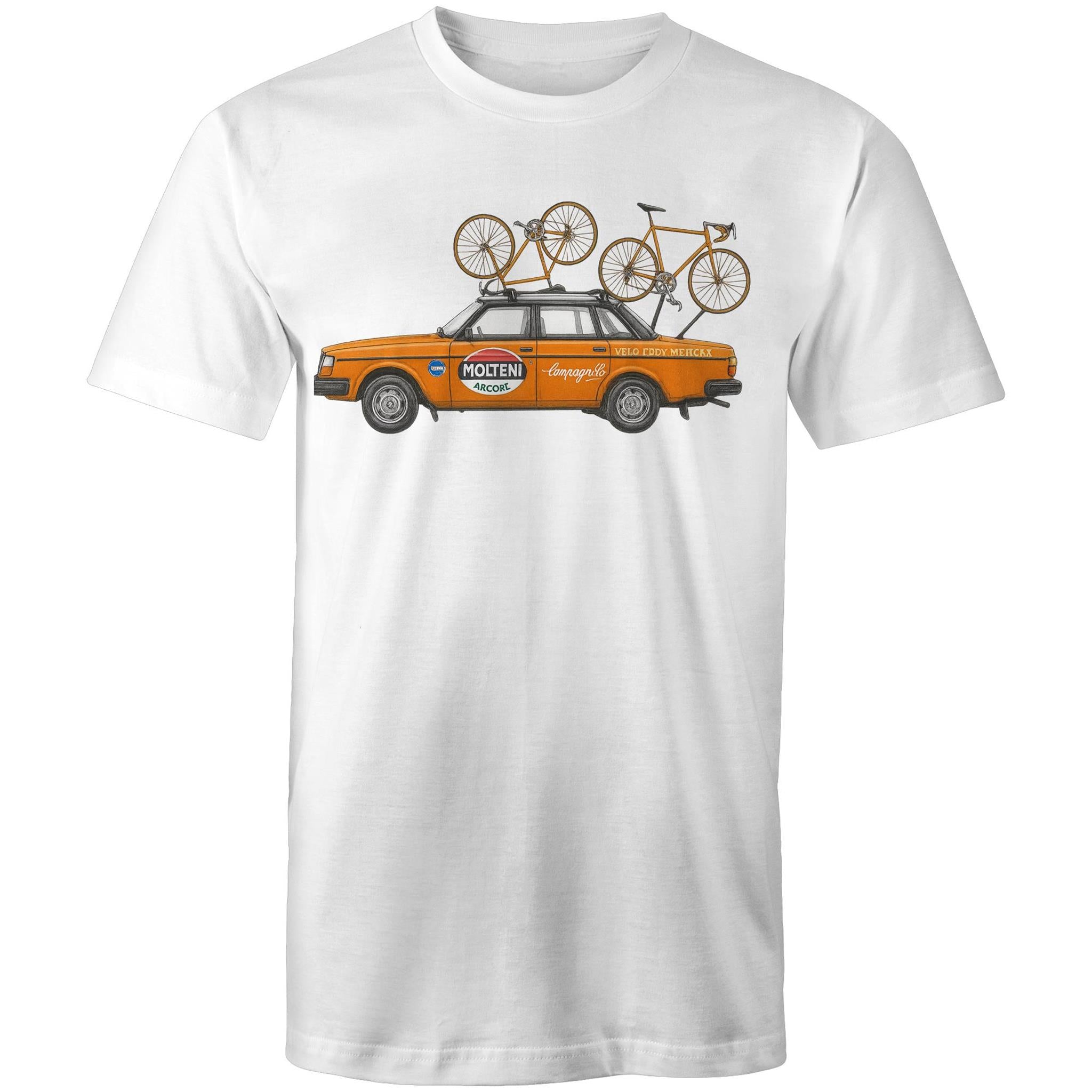 Molteni Team Volvo Retro Support Car SS Mens T-Shirt by Ogo Merch, featuring vintage car graphic on a casual short-sleeve tee.