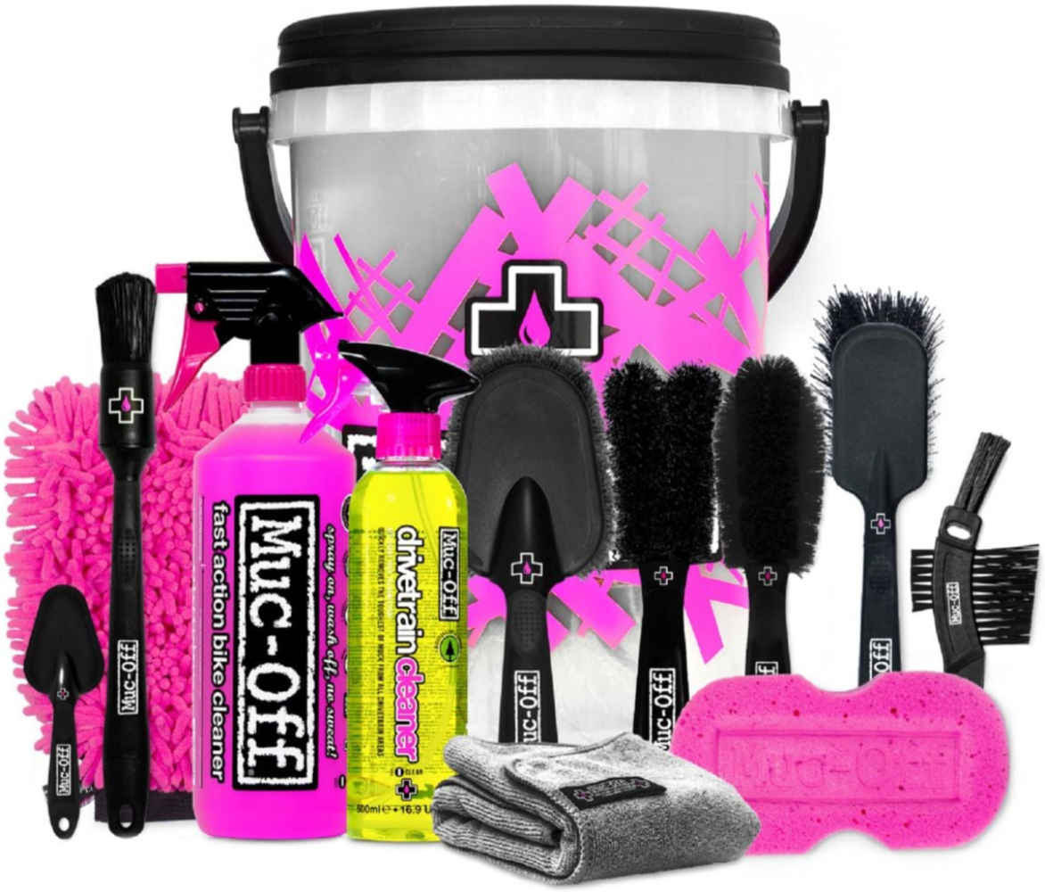 Muc-Off Deep Clean Bucket Cleaning Kit with brushes and sponges for thorough bike cleaning and maintenance.