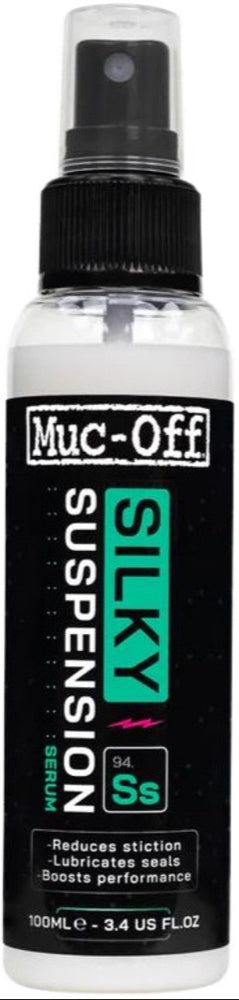Muc-Off Silky Serum Suspension Lube accessory, showcasing the sleek packaging and applicator for bicycle maintenance.