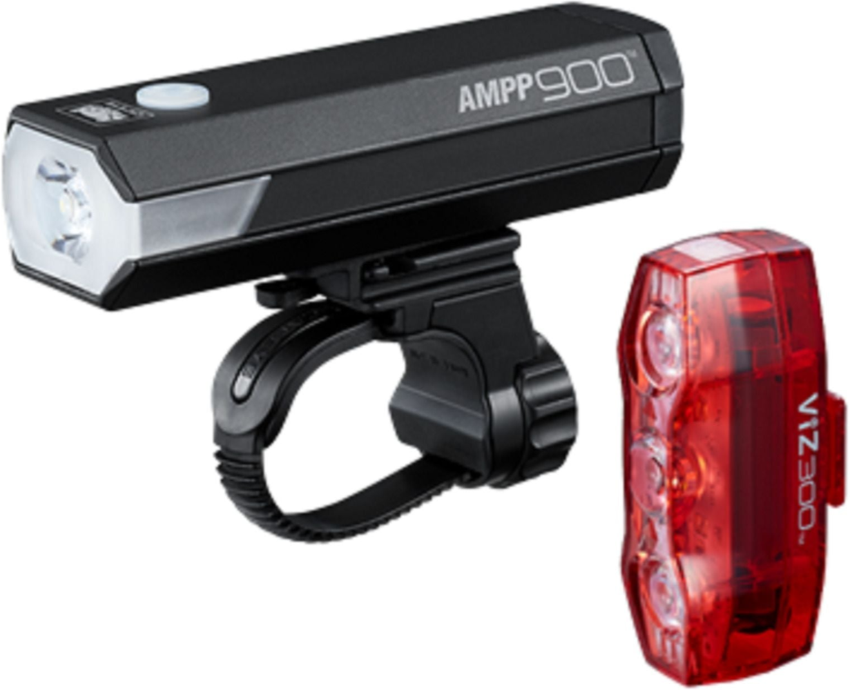 Cateye AMPP 900 and ViZ 300 bike lightset with mounted lights, compact accessories for bike safety and visibility.