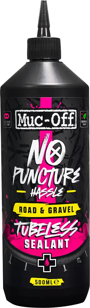 Muc-Off No Puncture Road and Gravel Tubeless Sealant bottle, cycling accessories product for puncture prevention and sealing.