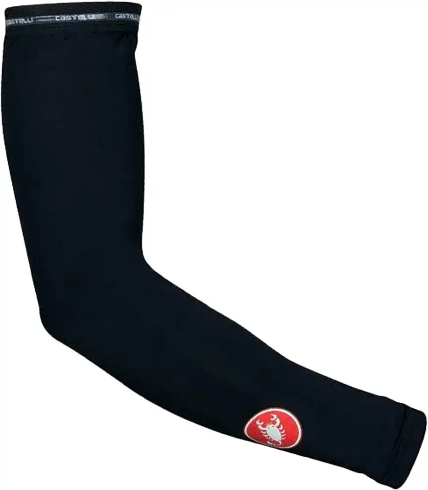 Castelli UPF 50+ light arm sleeves for sun protection, shown in black with a snug fit and seamless design.