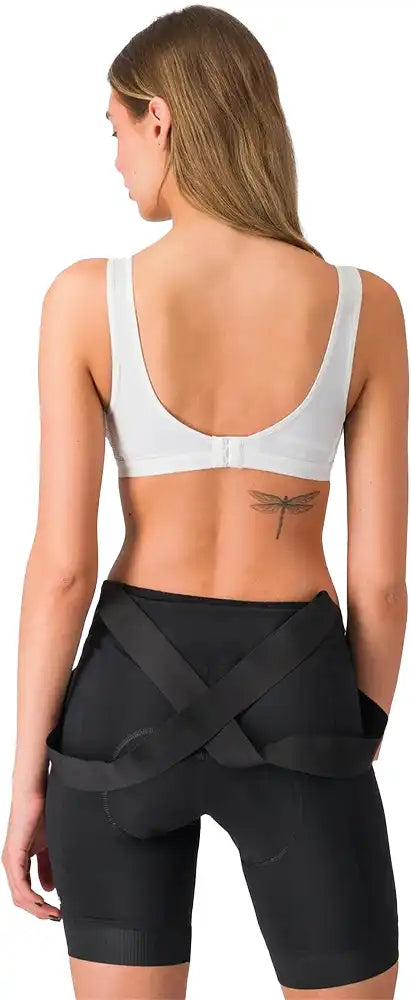 Castelli Rosso Corsa bra in red fabric, close-up view of breathable, supportive cycling clothing for women.