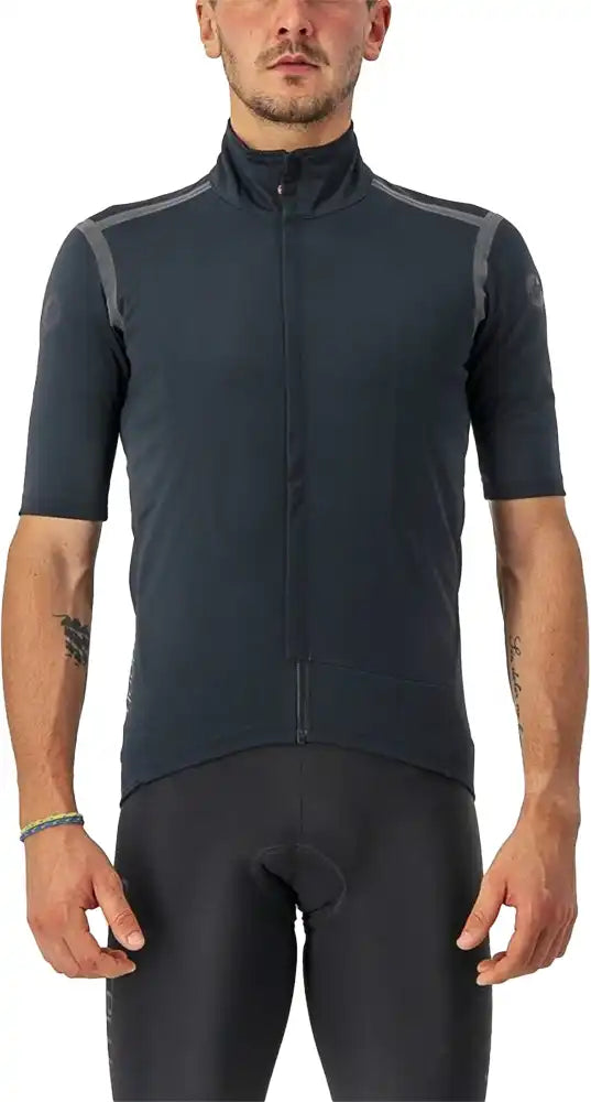Castelli Gabba RoS SS men's cycling jacket in black, lightweight, with front zipper and reflective accents for outdoor riding.