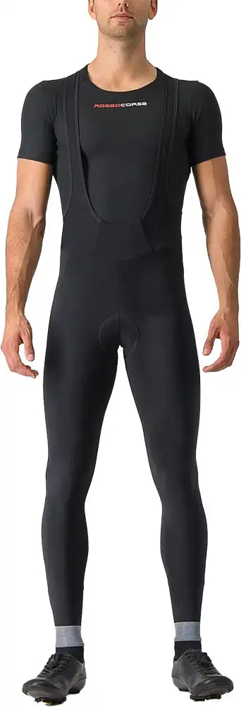 Castelli Tutto Nano men's bib tights showing black thermal cycling tights with adjustable straps and reflective details.