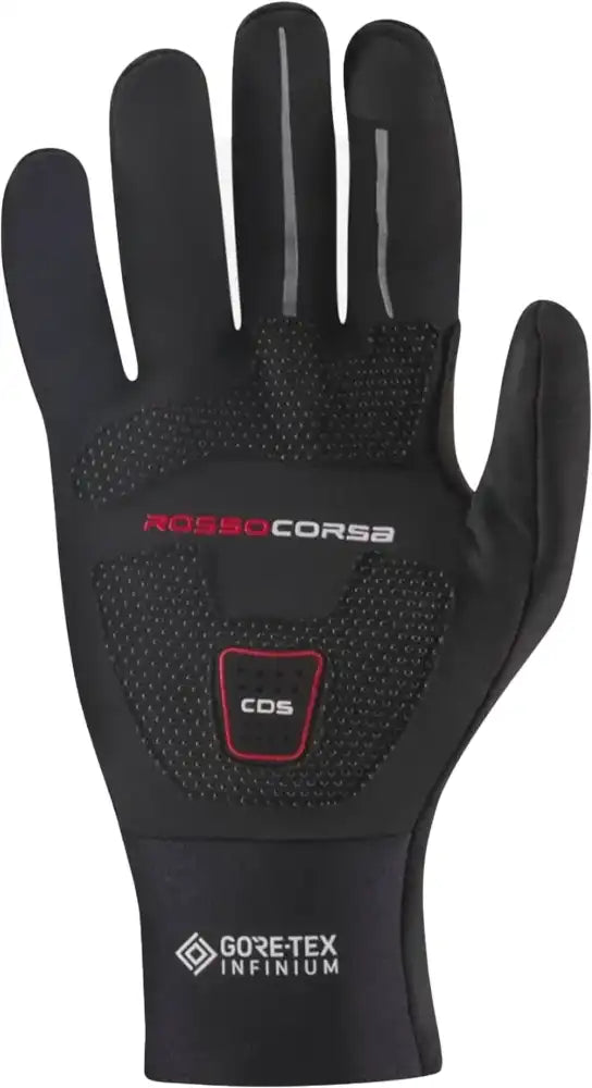 Castelli Perfetto RoS men's winter gloves showing black fabric with textured palms and reinforced fingertips for cold-weather cycling.