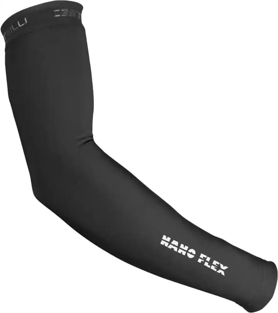 Castelli Nano Flex 3G arm warmers in black, made of stretchy, thermal cycling fabric, shown on a plain background.