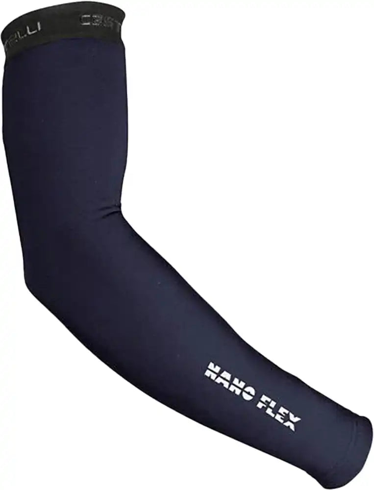 Castelli Nano Flex 3G arm warmers in black, made of stretchy, thermal cycling fabric, shown worn on arms for cold weather riding.