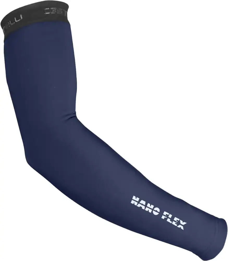 Castelli Nano Flex 3G arm warmers in black, showing stretch fabric and snug fit for cycling warmth and comfort.