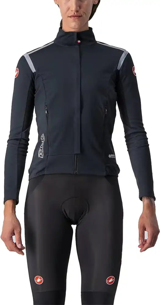 Castelli Perfetto RoS women's jacket shown in black, lightweight cycling jacket with aerodynamic fit and reflective details.